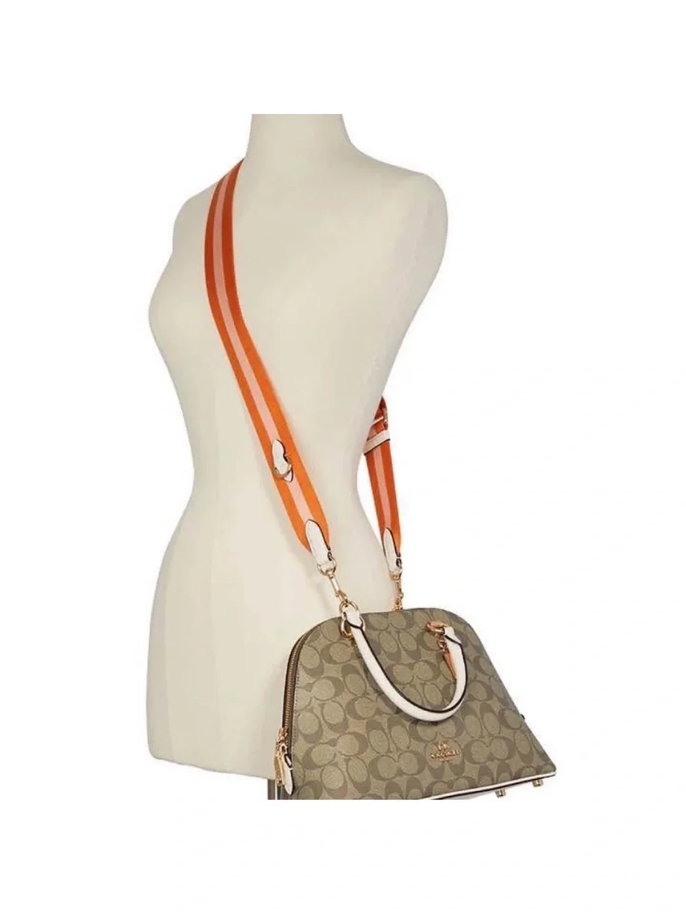 Coach Brown Signature Katy Dome Satchel with Orange Striped Strap
